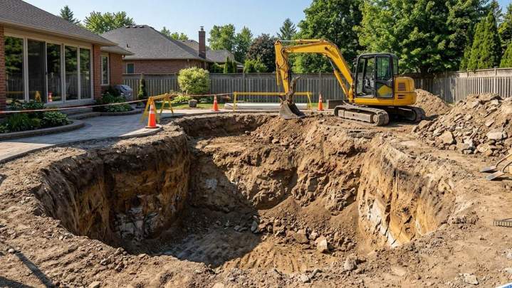 Excavation précise pour l'installation de votre futur bassin